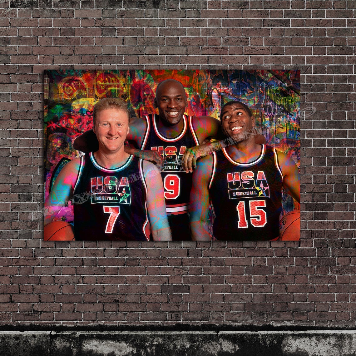Michael Jordan #23 Magic Johnson #15 Larry bird #7 "Team USA" Original graffiti art by Memento - Ready to Hang High quality Canvas
